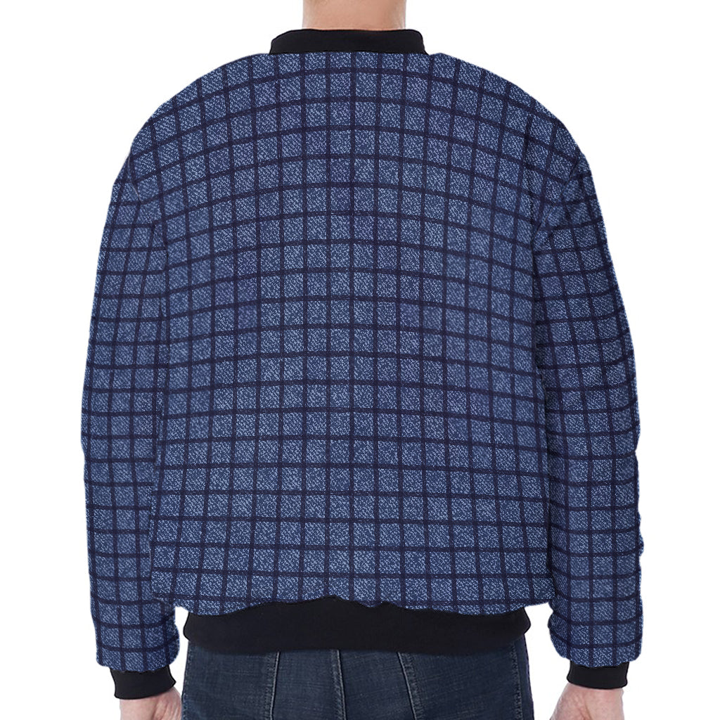 Denim Windowpane Pattern Print Zip Sleeve Bomber Jacket