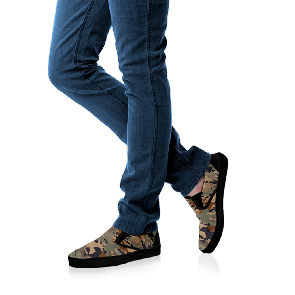 Desert Camouflage Print Black Slip On Sneakers