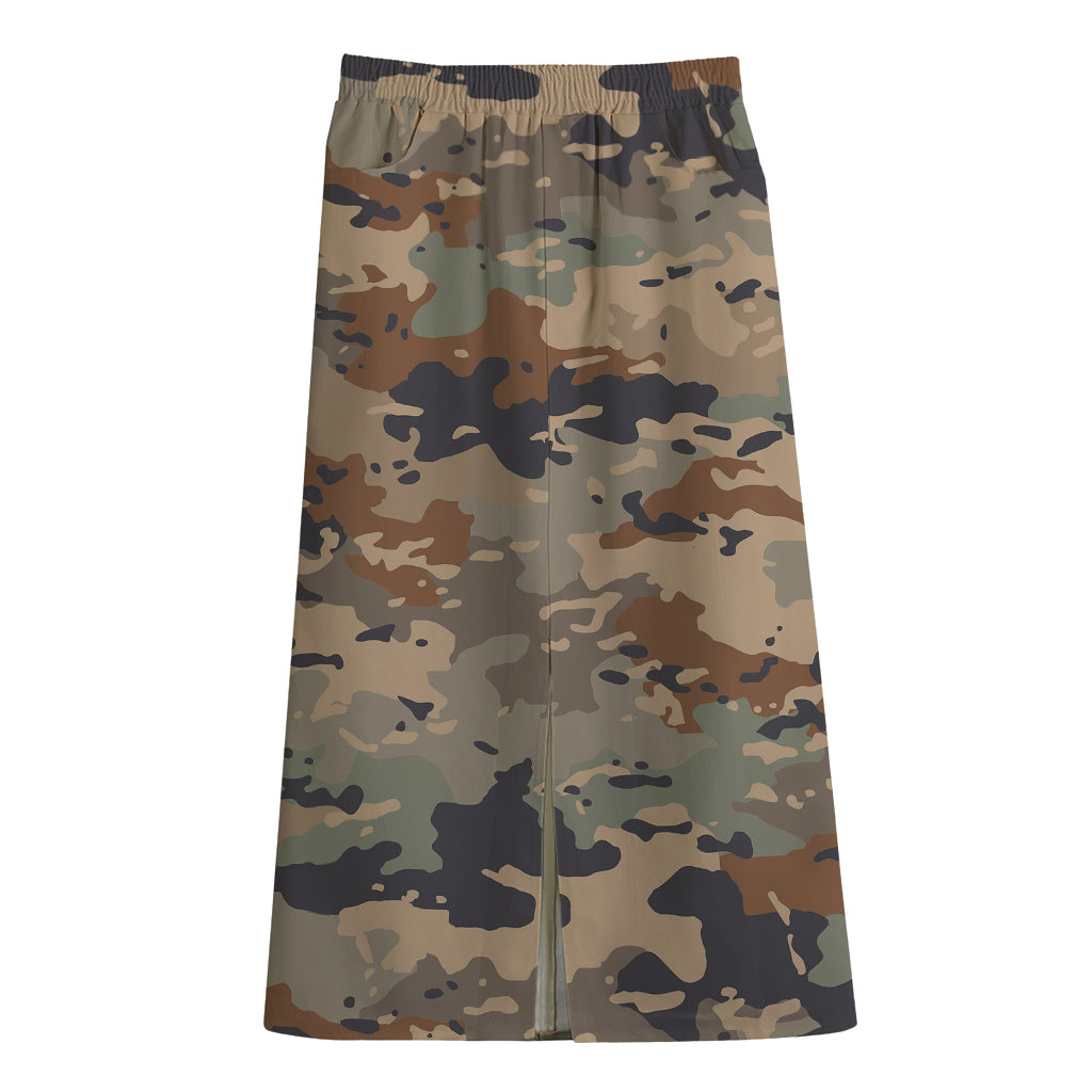 Desert Camouflage Print Cotton Front Slit Maxi Skirt
