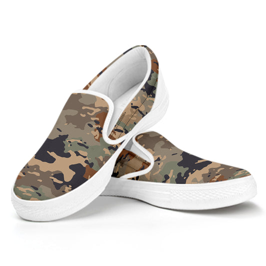 Desert Camouflage Print White Slip On Sneakers