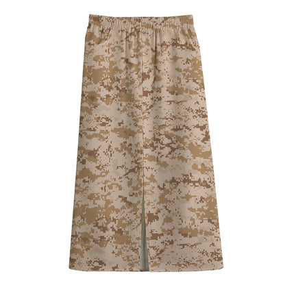 Desert Digital Camo Pattern Print Cotton Front Slit Maxi Skirt