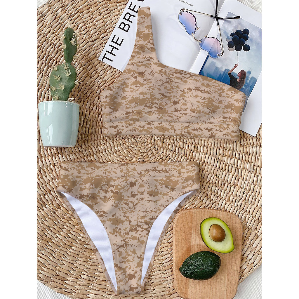 Desert Digital Camo Pattern Print One Shoulder Bikini Top