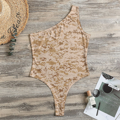 Desert Digital Camo Pattern Print One Shoulder Bodysuit