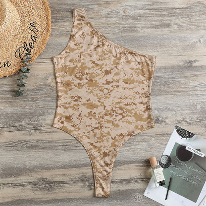 Desert Digital Camo Pattern Print One Shoulder Bodysuit