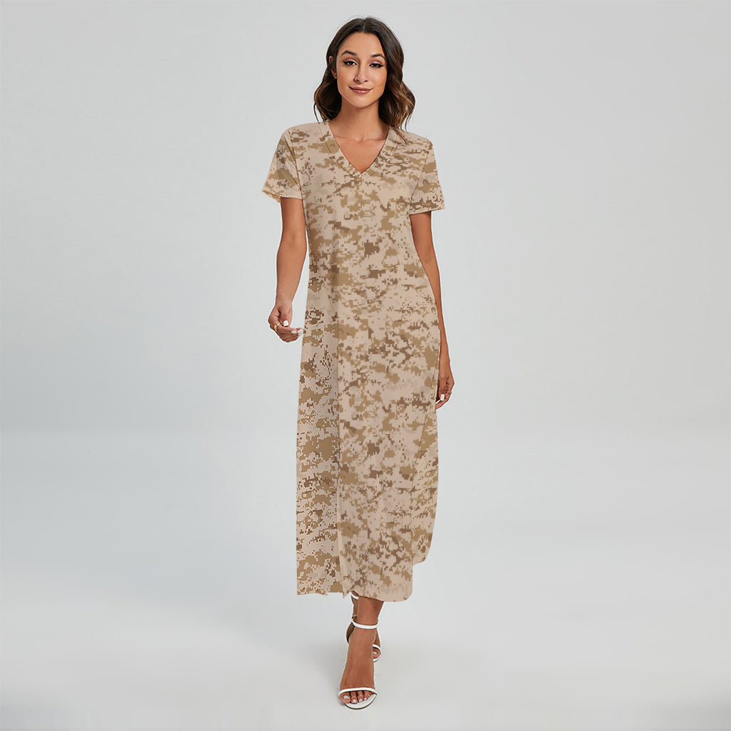 Desert Digital Camo Pattern Print Short Sleeve Maxi Dress