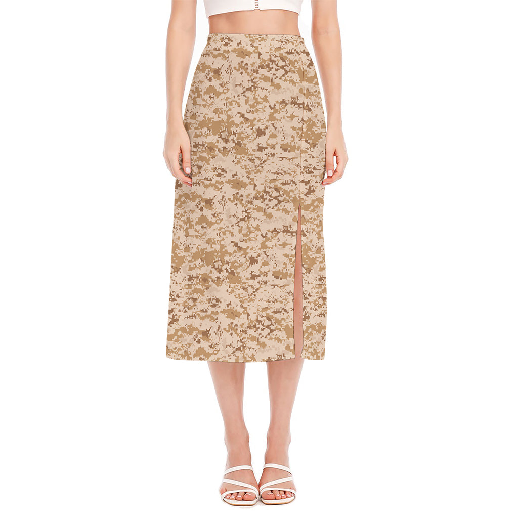 Desert Digital Camo Pattern Print Side Slit Midi Skirt