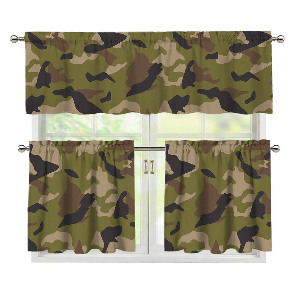 Desert Green Camouflage Print 3 Piece Kitchen Curtains