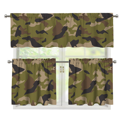 Desert Green Camouflage Print 3 Piece Kitchen Curtains