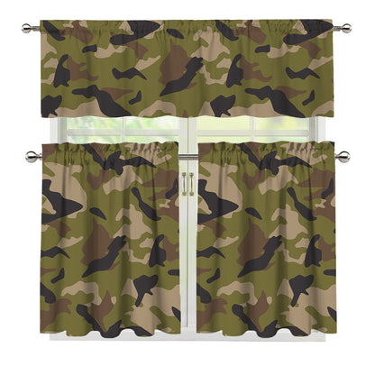 Desert Green Camouflage Print 3 Piece Kitchen Curtains