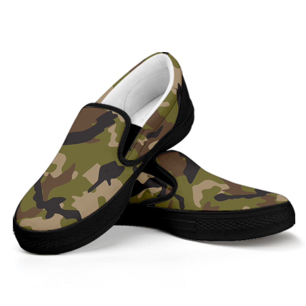 Desert Green Camouflage Print Black Slip On Sneakers