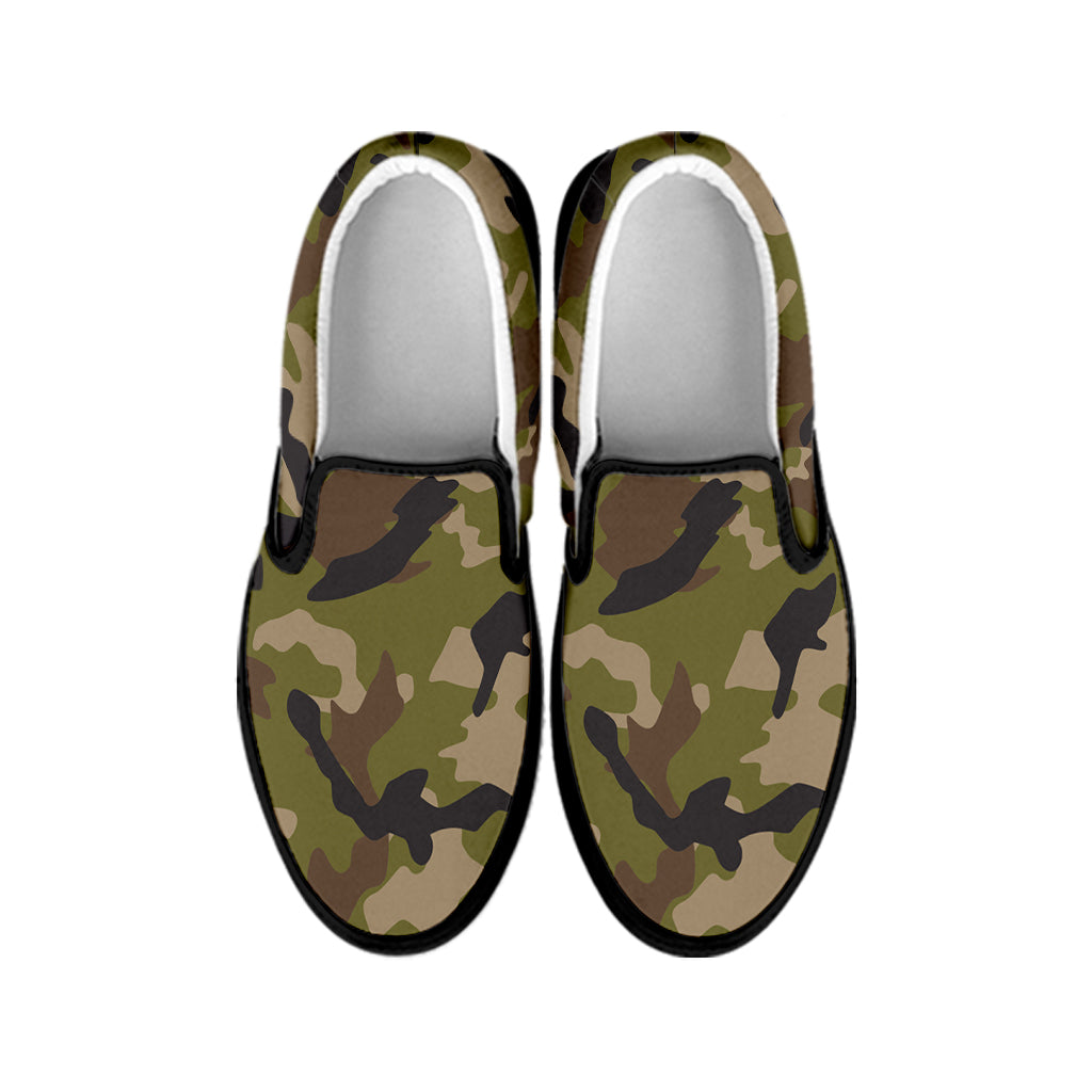 Desert Green Camouflage Print Black Slip On Sneakers