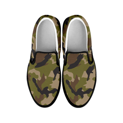 Desert Green Camouflage Print Black Slip On Sneakers