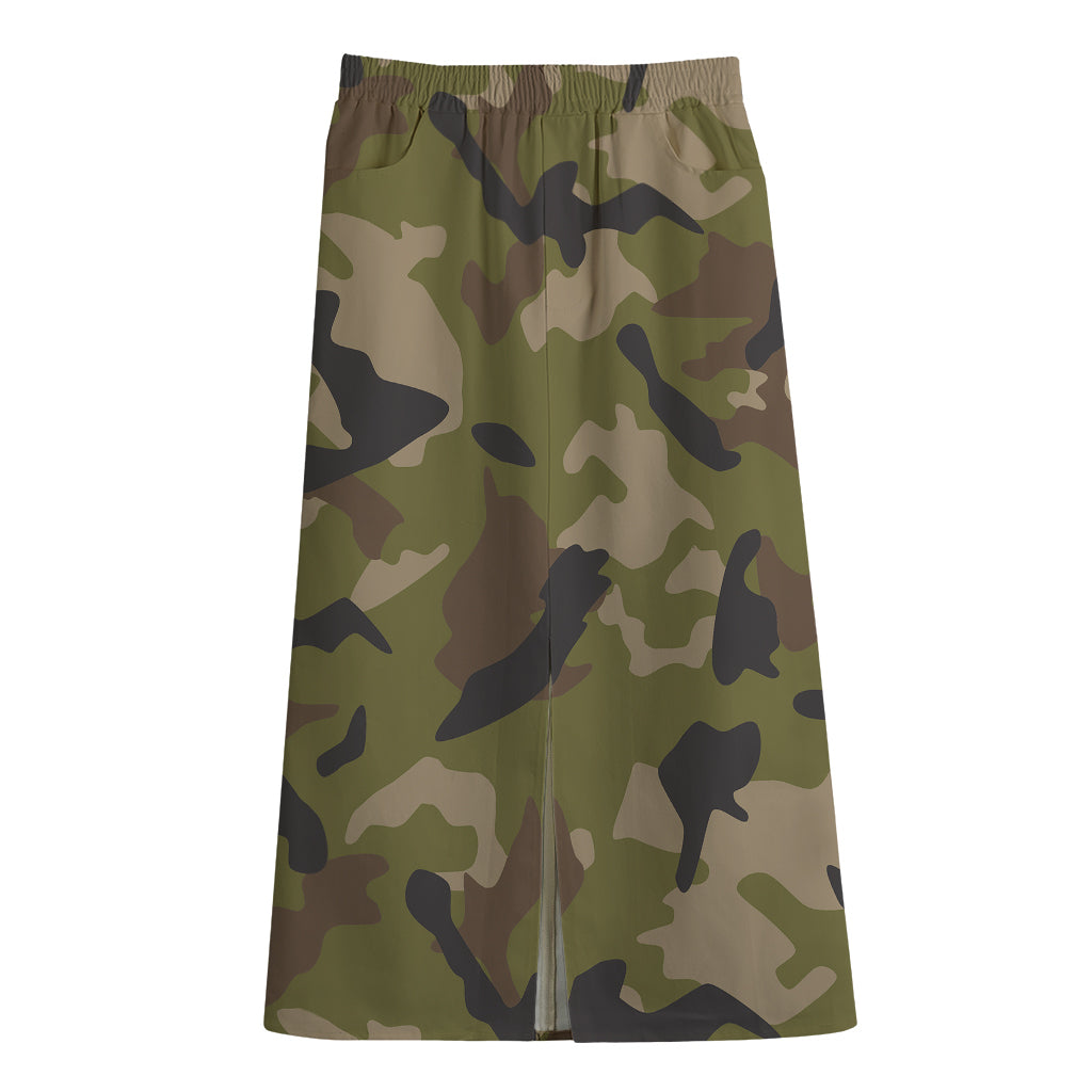 Desert Green Camouflage Print Cotton Front Slit Maxi Skirt