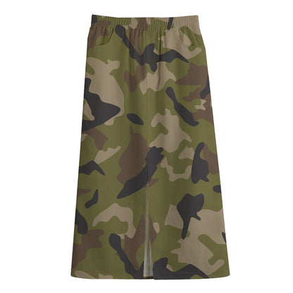 Desert Green Camouflage Print Cotton Front Slit Maxi Skirt