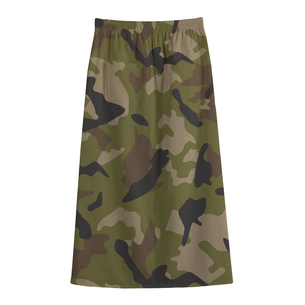 Desert Green Camouflage Print Cotton Front Slit Maxi Skirt