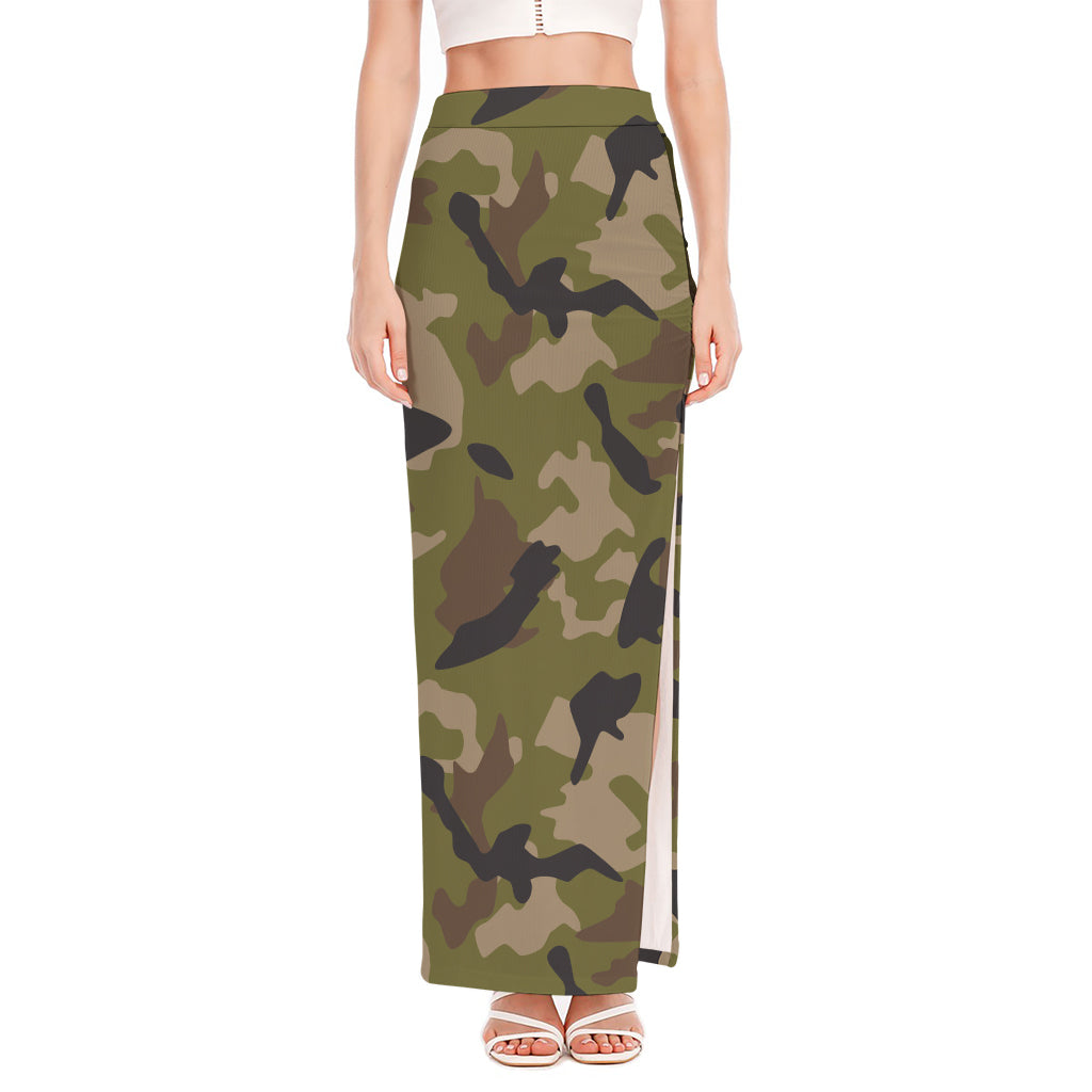 Desert Green Camouflage Print High Slit Maxi Skirt