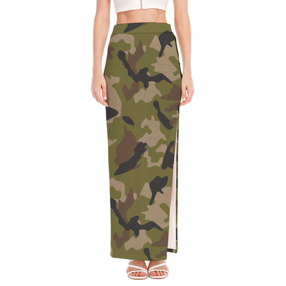 Desert Green Camouflage Print High Slit Maxi Skirt