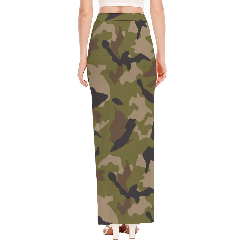 Desert Green Camouflage Print High Slit Maxi Skirt