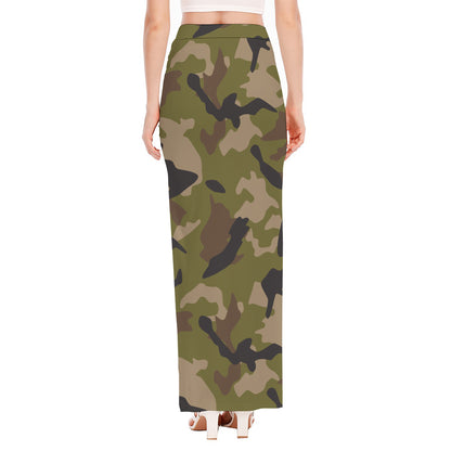 Desert Green Camouflage Print High Slit Maxi Skirt