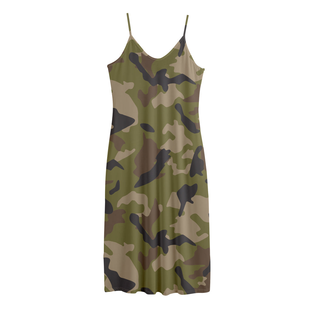 Desert Green Camouflage Print Jersey Midi Cami Dress