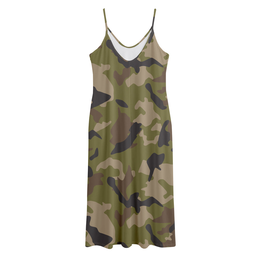 Desert Green Camouflage Print Jersey Midi Cami Dress