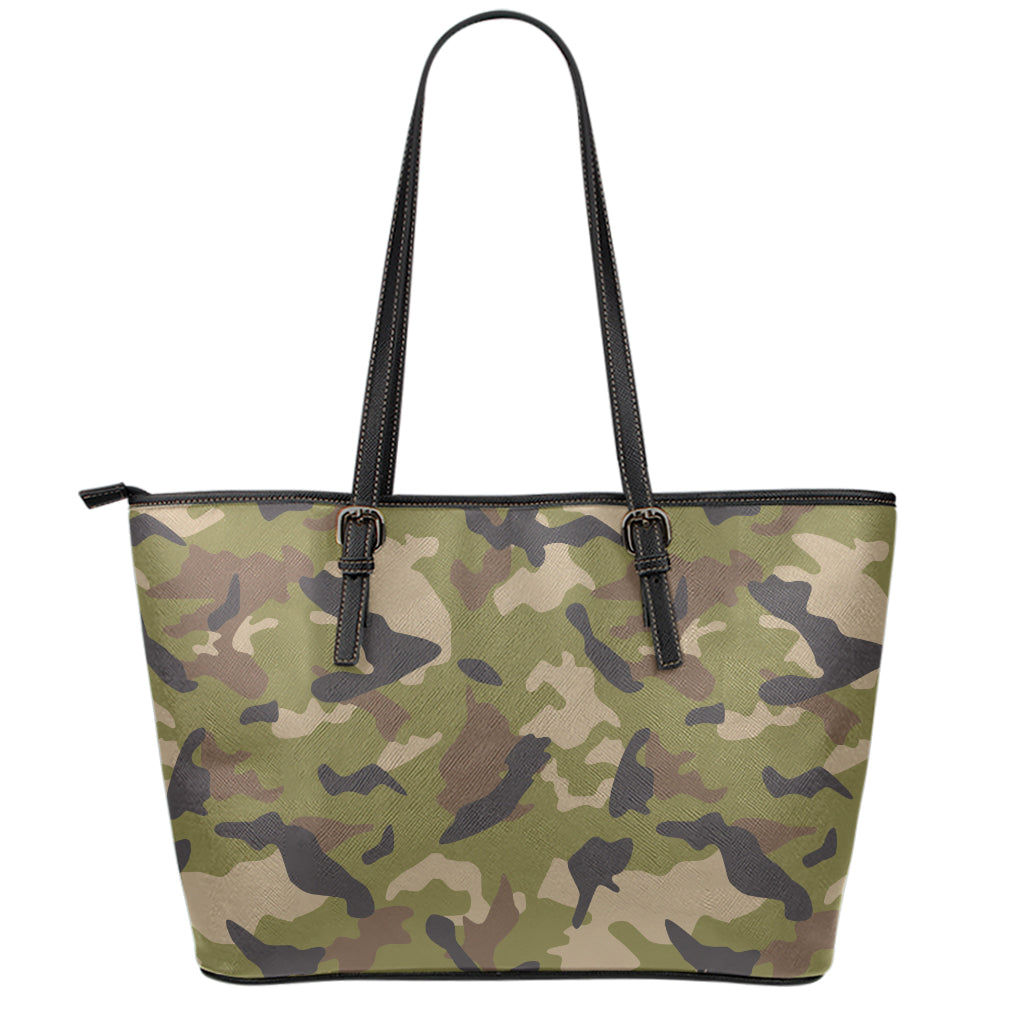 Desert Green Camouflage Print Leather Tote Bag