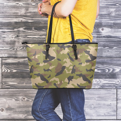 Desert Green Camouflage Print Leather Tote Bag