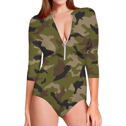 Desert Green Camouflage Print Long Sleeve Swimsuit