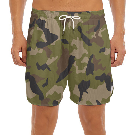 Desert Green Camouflage Print Men's Split Running Shorts