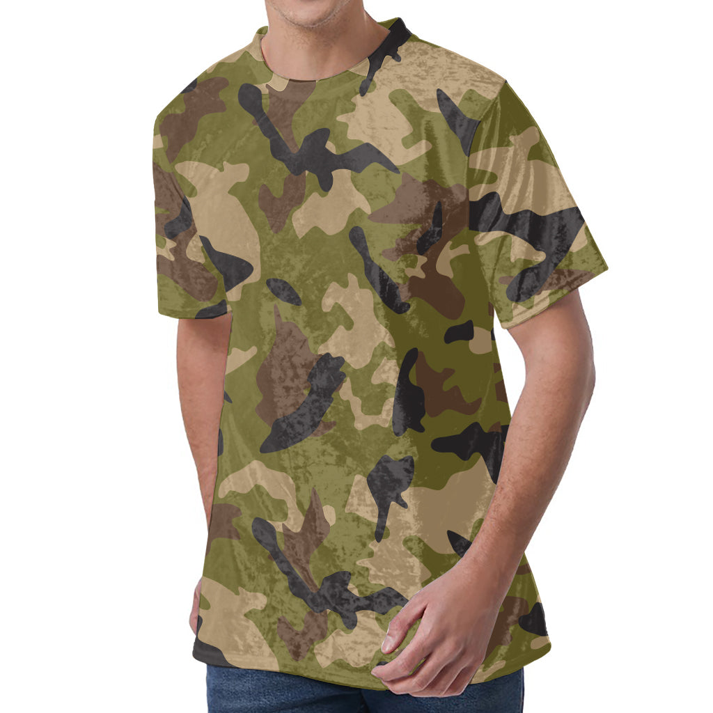 Desert Green Camouflage Print Men's Velvet T-Shirt