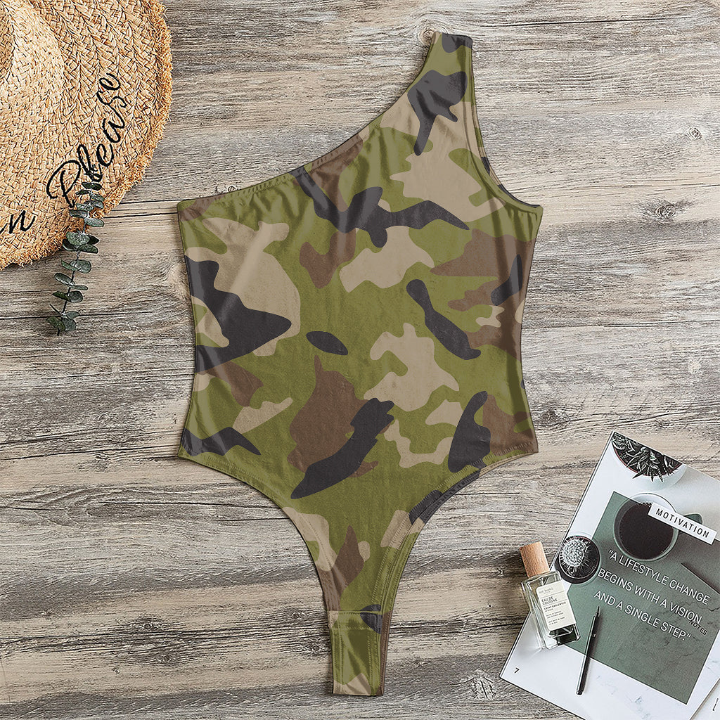 Desert Green Camouflage Print One Shoulder Bodysuit