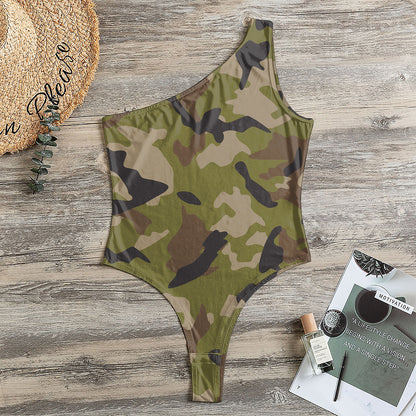 Desert Green Camouflage Print One Shoulder Bodysuit