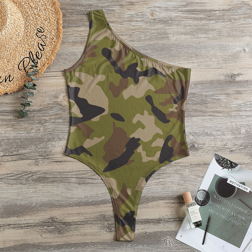 Desert Green Camouflage Print One Shoulder Bodysuit