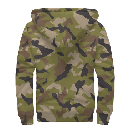 Desert Green Camouflage Print Sherpa Lined Zip Up Hoodie