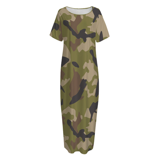 Desert Green Camouflage Print Short Sleeve Long Nightdress