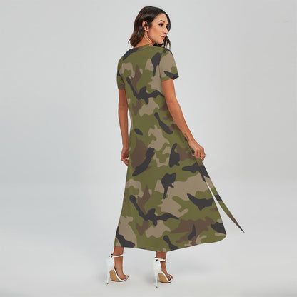 Desert Green Camouflage Print Short Sleeve Maxi Dress