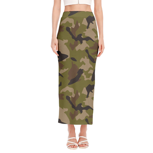 Desert Green Camouflage Print Side Slit Maxi Skirt