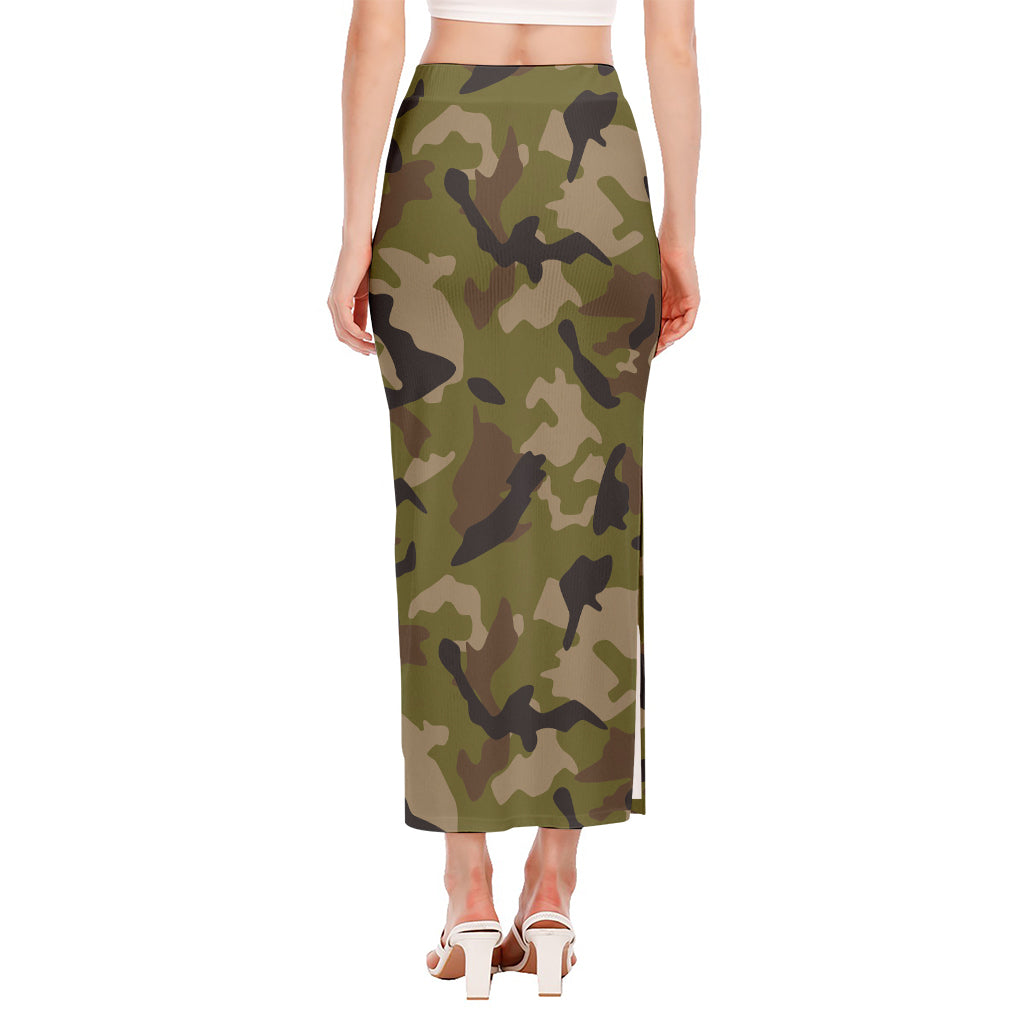 Desert Green Camouflage Print Side Slit Maxi Skirt