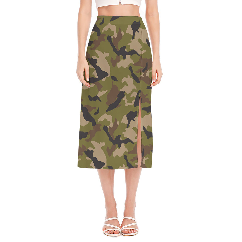 Desert Green Camouflage Print Side Slit Midi Skirt