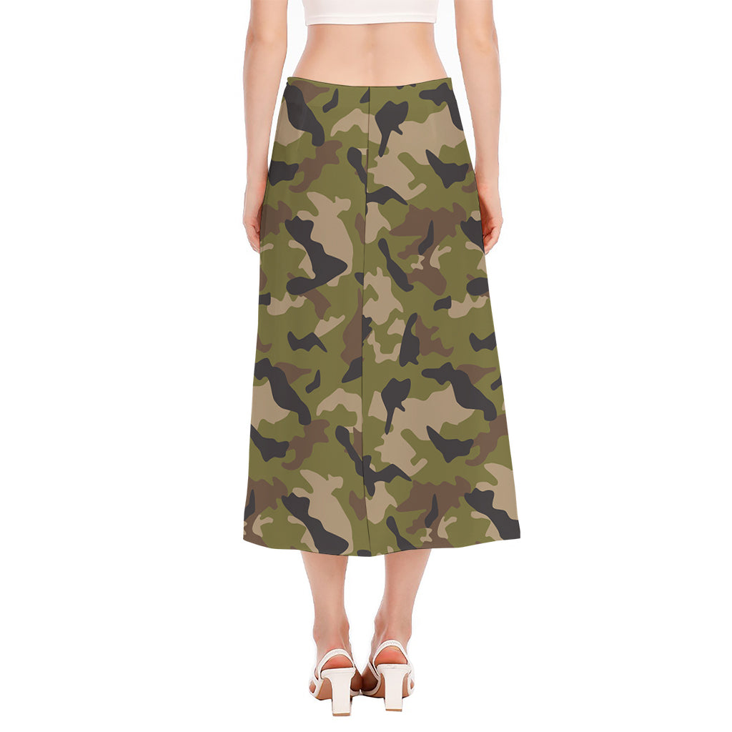 Desert Green Camouflage Print Side Slit Midi Skirt