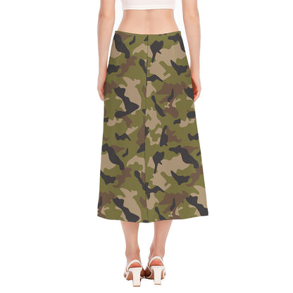 Desert Green Camouflage Print Side Slit Midi Skirt