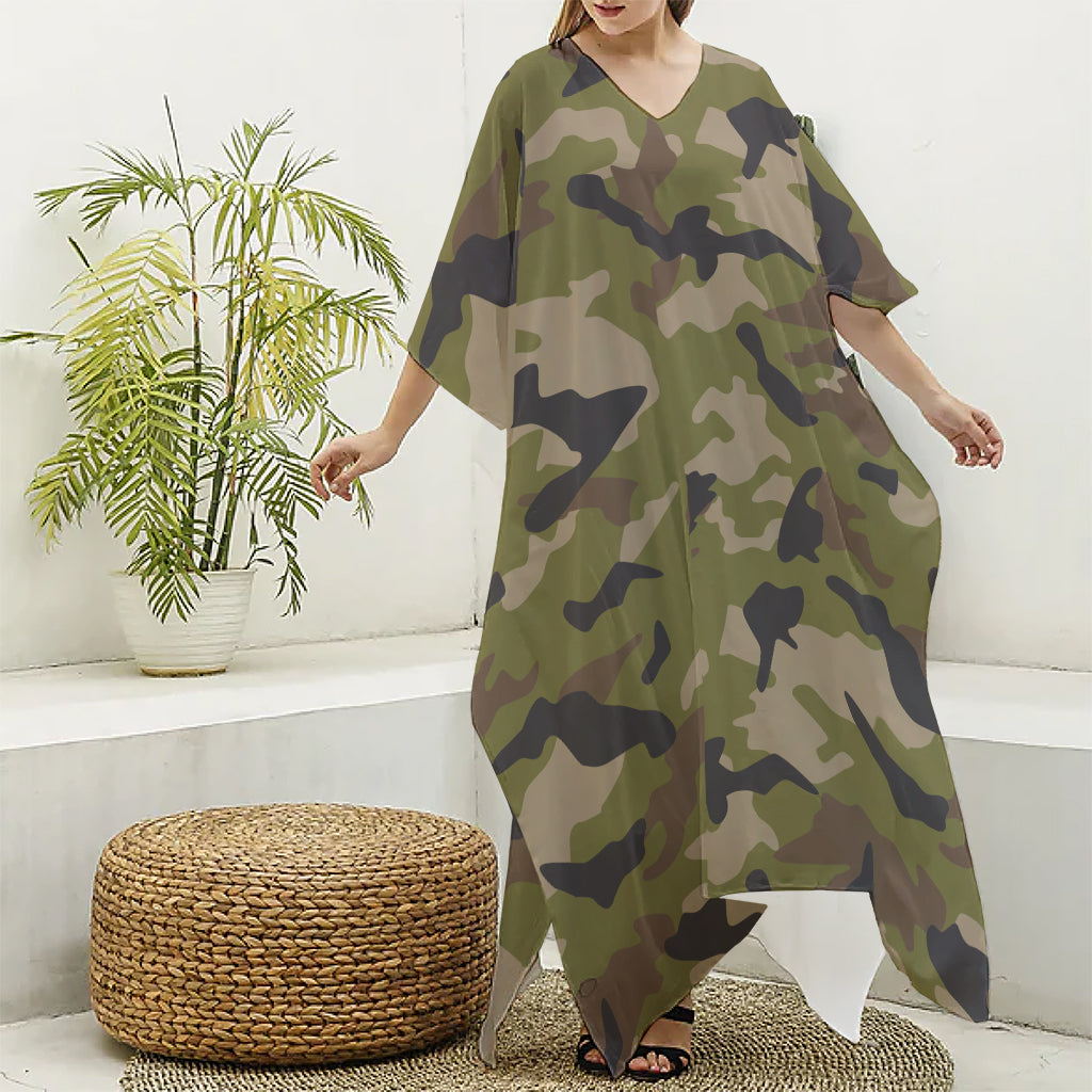 Desert Green Camouflage Print Silk V-Neck Kaftan Dress