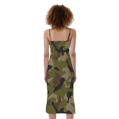 Desert Green Camouflage Print Slim Fit Midi Cami Dress
