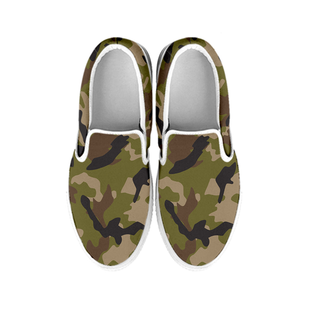 Desert Green Camouflage Print White Slip On Sneakers