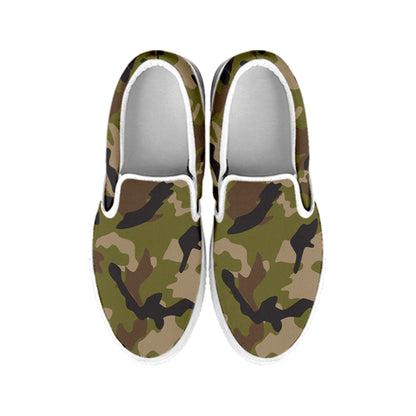 Desert Green Camouflage Print White Slip On Sneakers