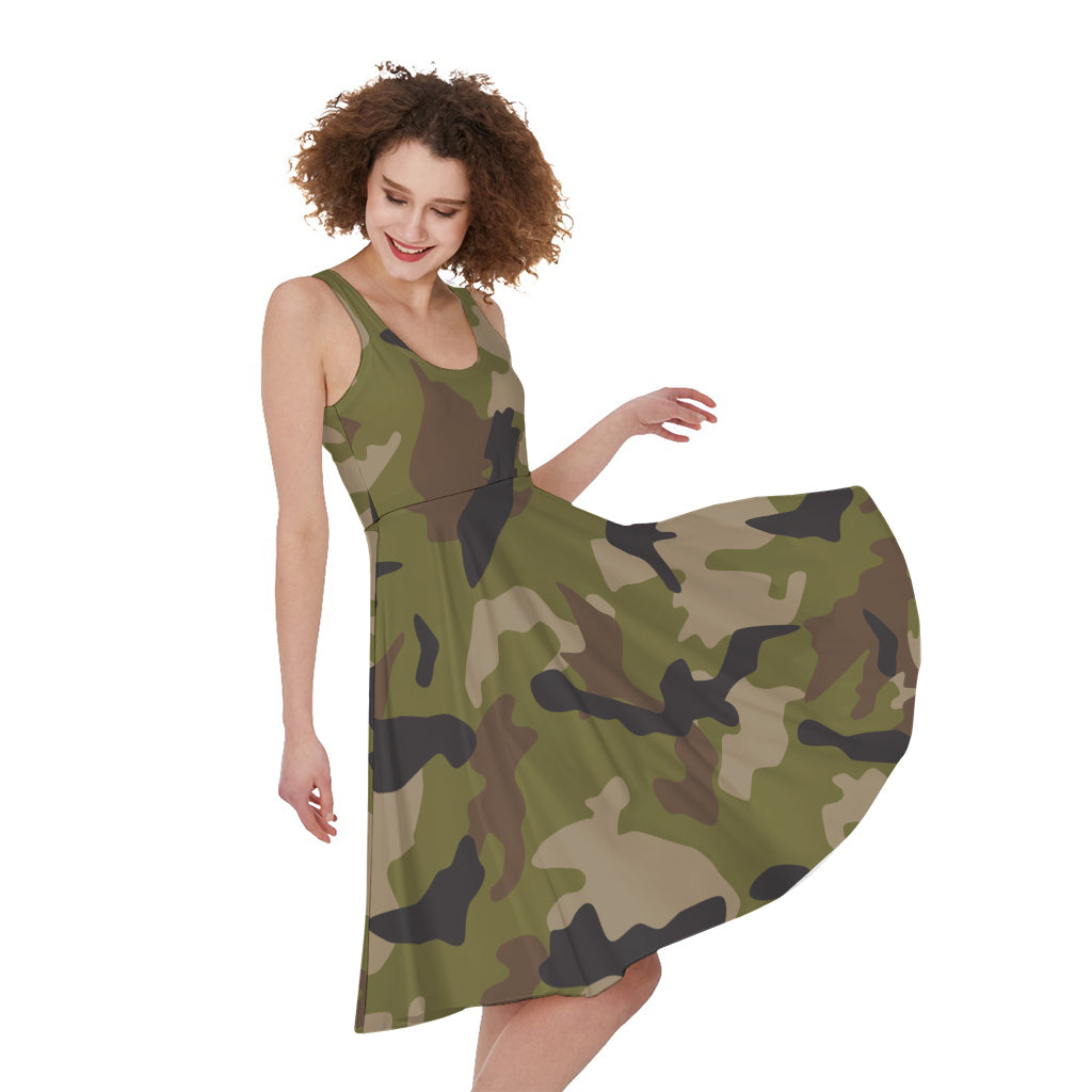 Desert Green Camouflage Print Women's Sleeveless Dress