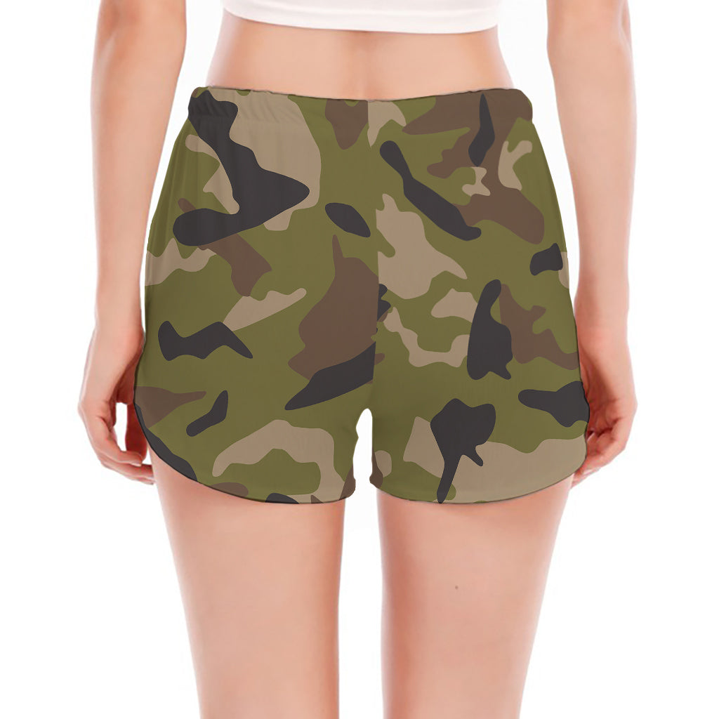 Desert Green Camouflage Print Women's Split Running Shorts