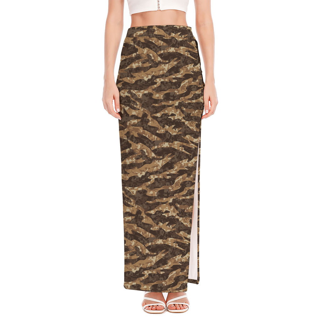 Desert Tiger Stripe Camouflage Print High Slit Maxi Skirt