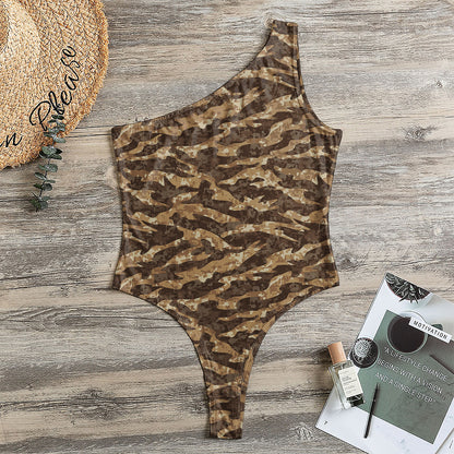 Desert Tiger Stripe Camouflage Print One Shoulder Bodysuit
