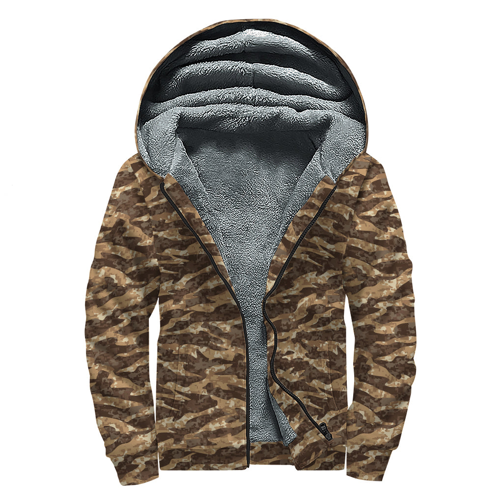 Desert Tiger Stripe Camouflage Print Sherpa Lined Zip Up Hoodie
